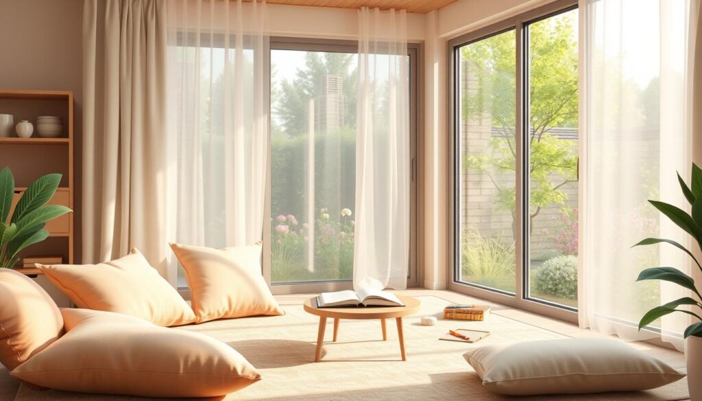 A soft, sunlit room set up for reflective practice, with cushions, a journal and art supplies on a low table.