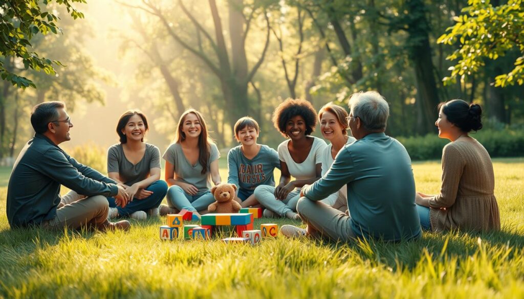 A small group of adults sitting together in a sunlit natural setting, sharing a calm, supportive moment.